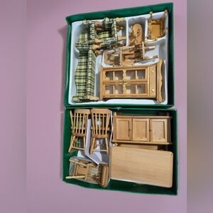 Miniature Natural Wood Dollhouse Dining & Living Set with Green Plaid Upholstery